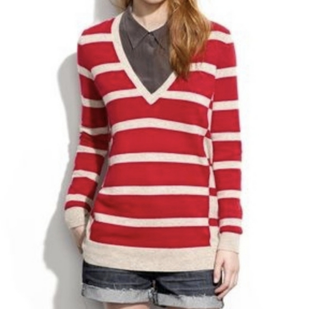 Cashmere Wool Sweater XS Stripe Madewell Preppy V-neck Lightweight
